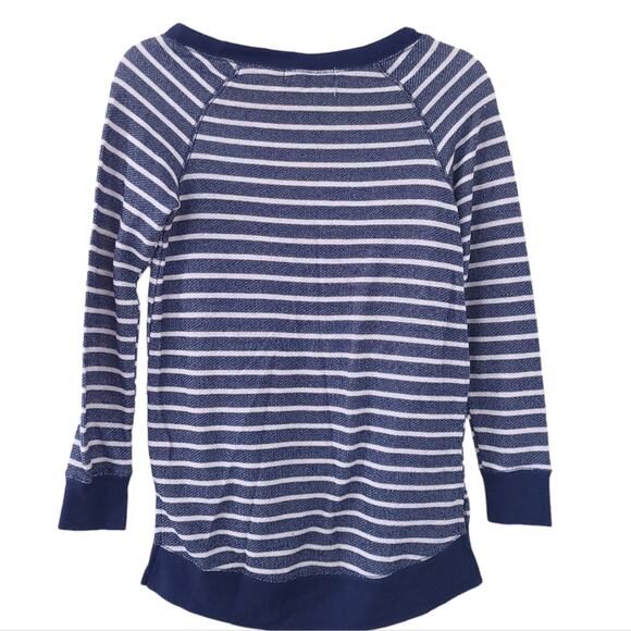 French Laundry Stripe Pullover Shirt Small Blue Drawstring Neck Top Casual - Picture 2 of 5